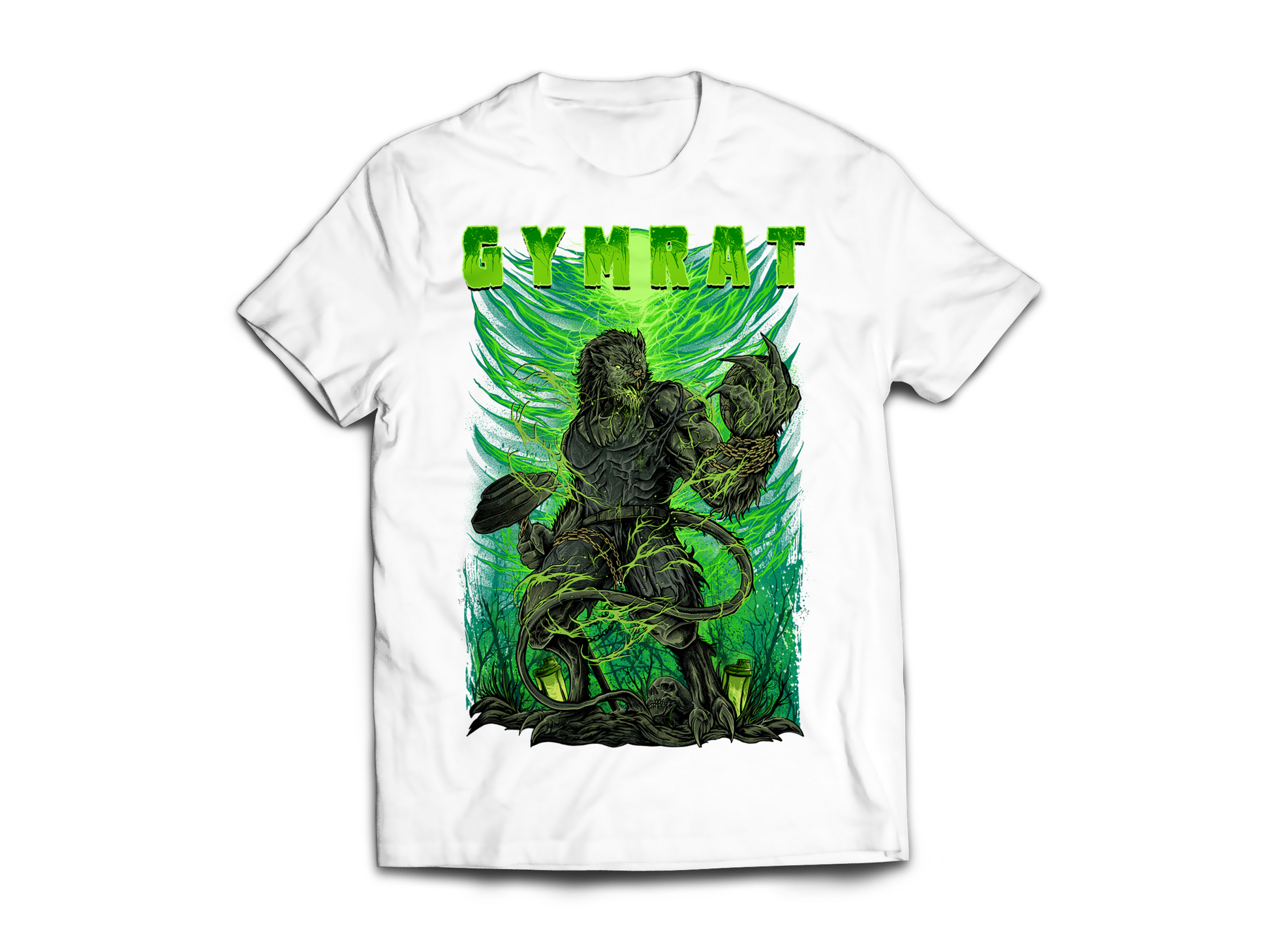 GymFangs bílé fitness streetwear tričko gymrat - pohled zepředu.